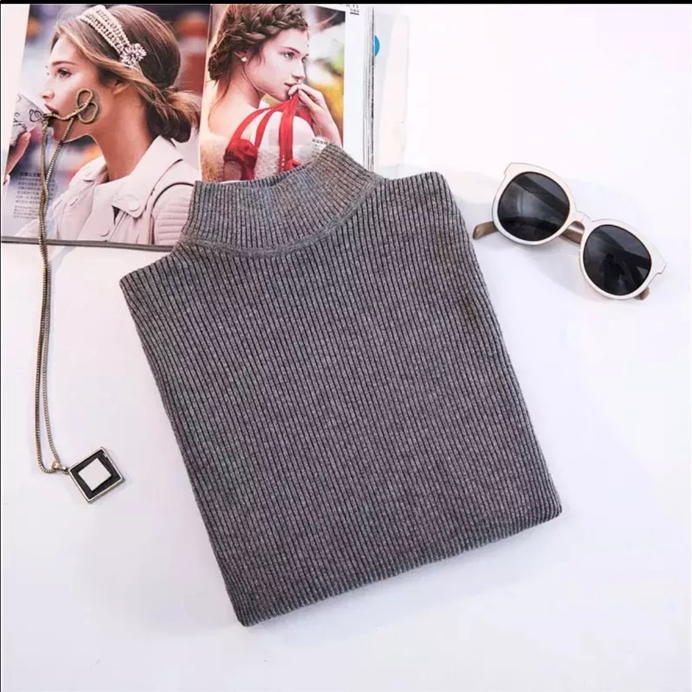 Charcoal Grey Mock Neck Turtleneck Ribbed Sweater - Picture 1 of 6